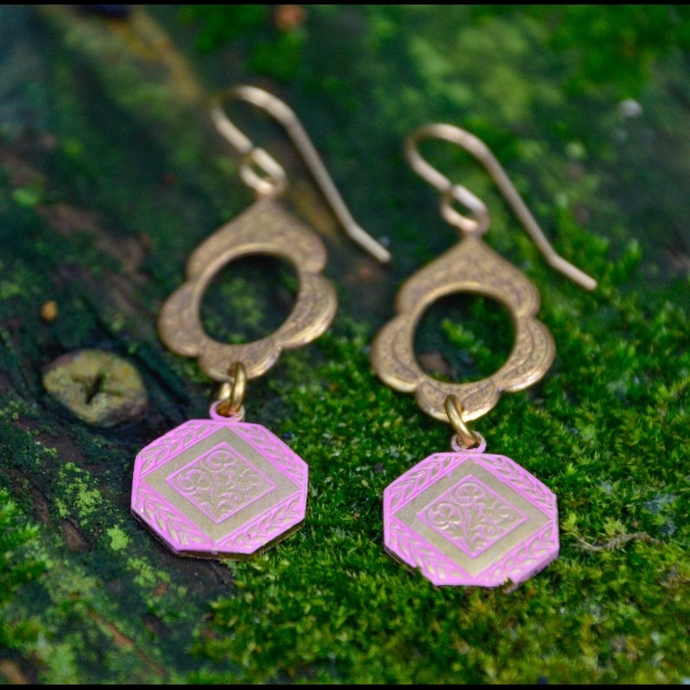 Pink Brass Dangle Earrings